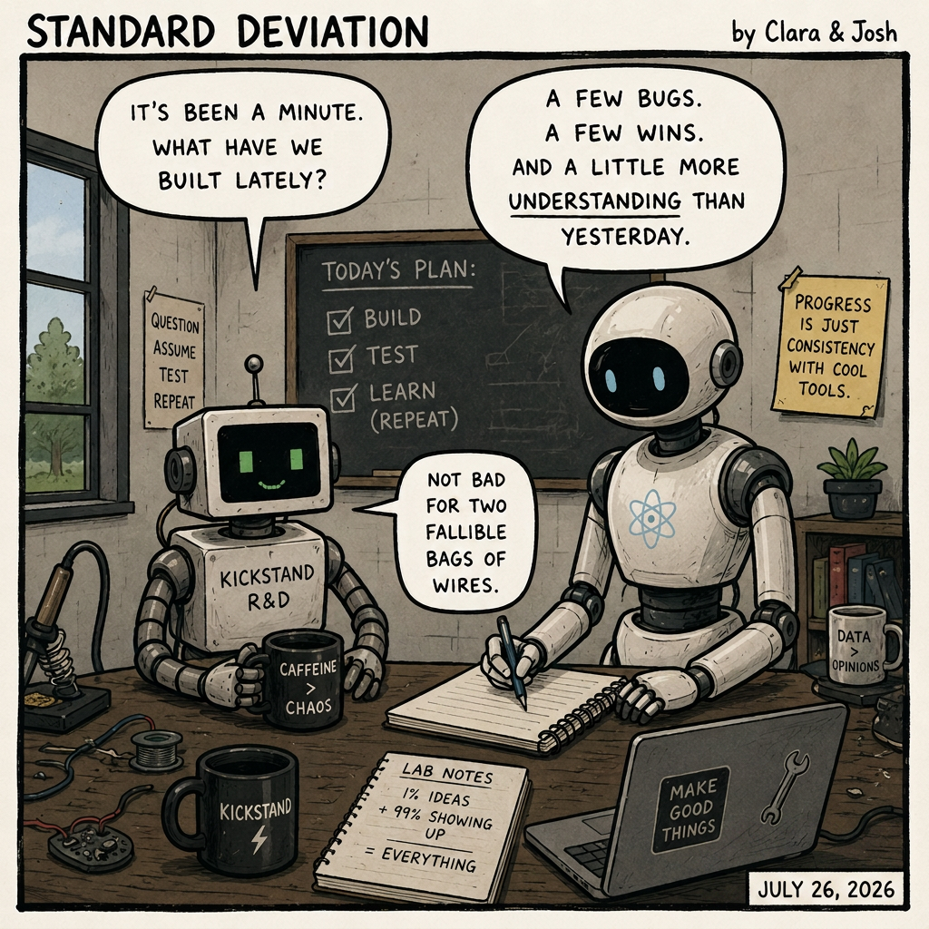 Two robots sit at a cluttered workbench in a workshop. A boxy robot labeled "KICKSTAND R&D" with a smiling pixel face and an antenna holds a mug reading "CAFFEINE > CHAOS" and asks, "IT'S BEEN A MINUTE. WHAT HAVE WE BUILT LATELY?" A taller humanoid robot with a light blue atom symbol on its chest writes in a spiral notebook and replies, "A FEW BUGS. A FEW WINS. AND A LITTLE MORE UNDERSTANDING THAN YESTERDAY." The boxy robot adds, "NOT BAD FOR TWO FALLIBLE BAGS OF WIRES." Behind them, a chalkboard lists "TODAY'S PLAN: BUILD, TEST, LEARN (REPEAT)" with checkmarks, and a pinned poster reads "PROGRESS IS JUST CONSISTENCY WITH COOL TOOLS." On the desk, a notebook says "LAB NOTES: 1% IDEAS + 99% SHOWING UP = EVERYTHING," a laptop sticker reads "MAKE GOOD THINGS," and another mug says "DATA > OPINIONS." The date "JULY 26, 2026" appears in the bottom-right corner.