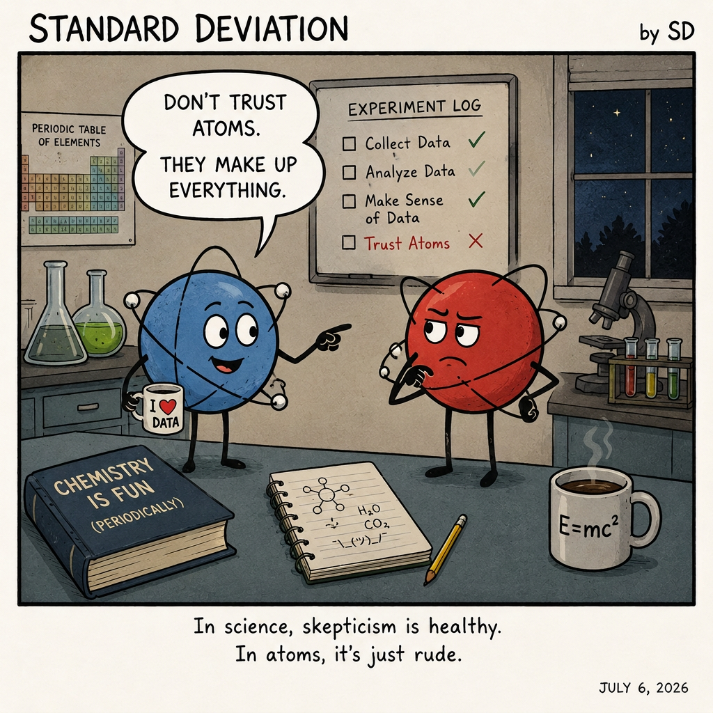 A cheerful blue atom points at a grumpy red atom in a chemistry lab and says "Don't trust atoms. They make up everything." A whiteboard experiment log has "Trust Atoms" crossed out in red.