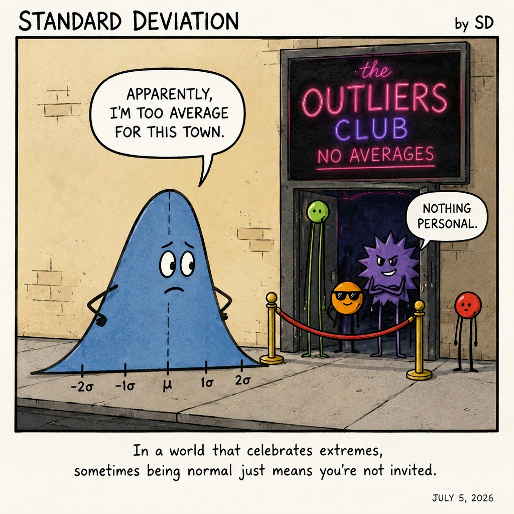 A sad bell curve stands outside a nightclub called "The Outliers Club — No Averages," told by a spiky purple bouncer "Nothing personal."