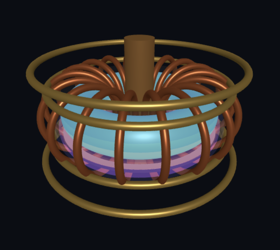 FusionTwin reactor with the revised divertor — plasma nested inside copper coils and gold rings