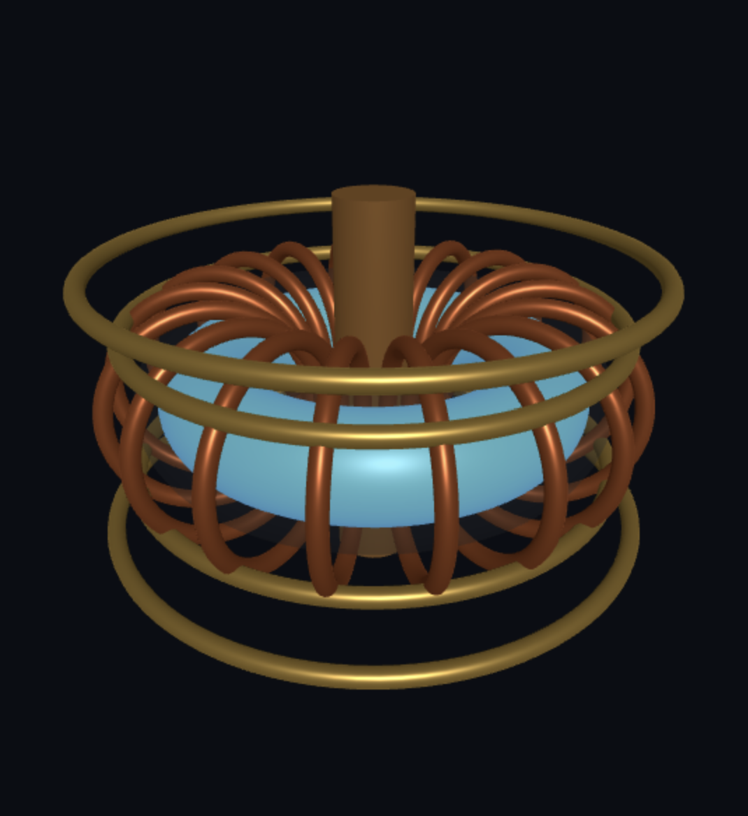 First rendered FusionTwin reactor — plasma nested inside toroidal copper and gold coils