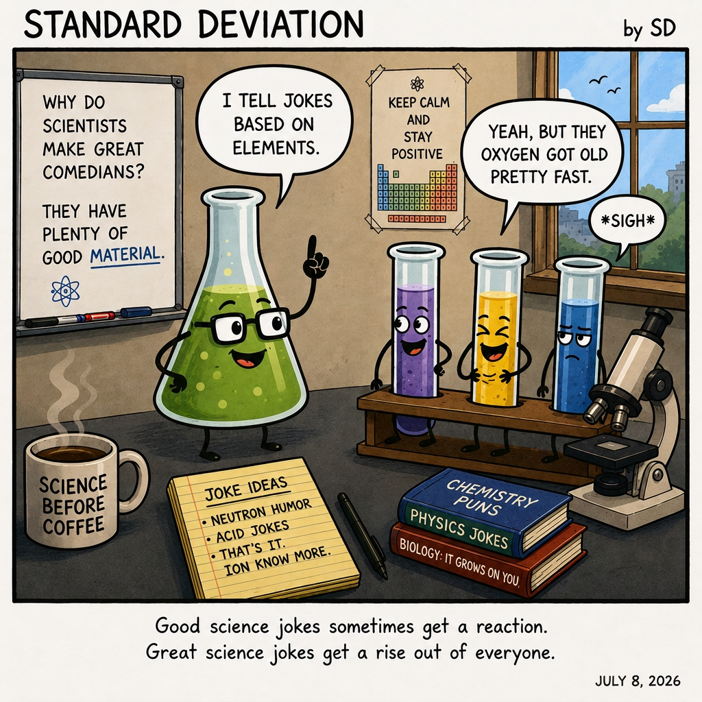 A green flask wearing glasses stands in a lab telling test tubes "I tell jokes based on elements." A whiteboard reads "Why do scientists make great comedians? They have plenty of good MATERIAL." A blue test tube sighs, "Yeah, but they oxygen got old pretty fast." A notepad lists "Joke Ideas — Neutron humor, Acid jokes, That's it. Ion know more." Books labeled Chemistry Puns, Physics Jokes, and Biology - It Grows On You sit next to a microscope and a "Science Before Coffee" mug.