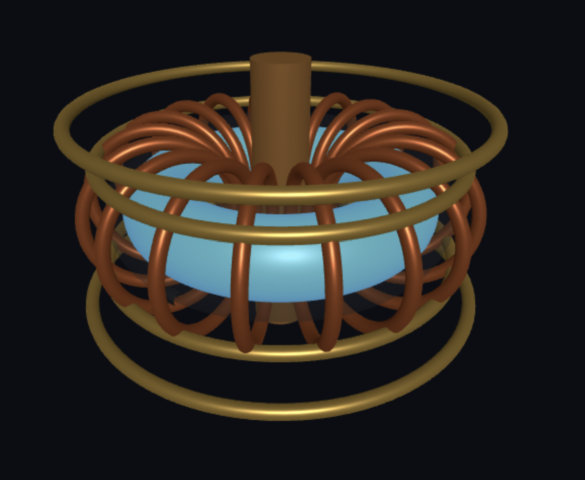 FusionTwin reactor before the divertor fix — the targets rendered as tiny arcs, the "metal eyebrows"