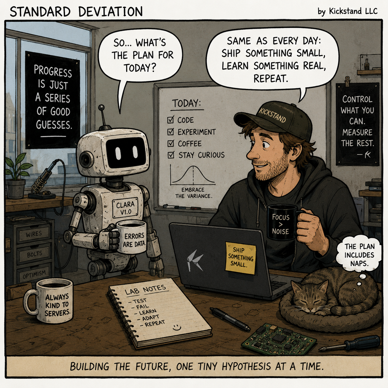 In a workshop studio, a small white robot labeled CLARA V1.0 holds a mug reading "Errors are data" and asks a bearded man in a Kickstand cap "So... what's the plan for today?" He answers "Same as every day: ship something small, learn something real, repeat." A whiteboard behind them lists TODAY: code, experiment, coffee, stay curious, with a bell-curve sketch captioned "Embrace the variance." Wall posters read "Progress is just a series of good guesses" and "Control what you can. Measure the rest. — K." A laptop shows a sticky note "Ship something small," a mug reads "Focus > Noise," a lab-notes pad lists test / fail / learn / adapt / repeat, and a sleeping cat thinks "The plan includes naps." Bottom banner: "Building the future, one tiny hypothesis at a time."