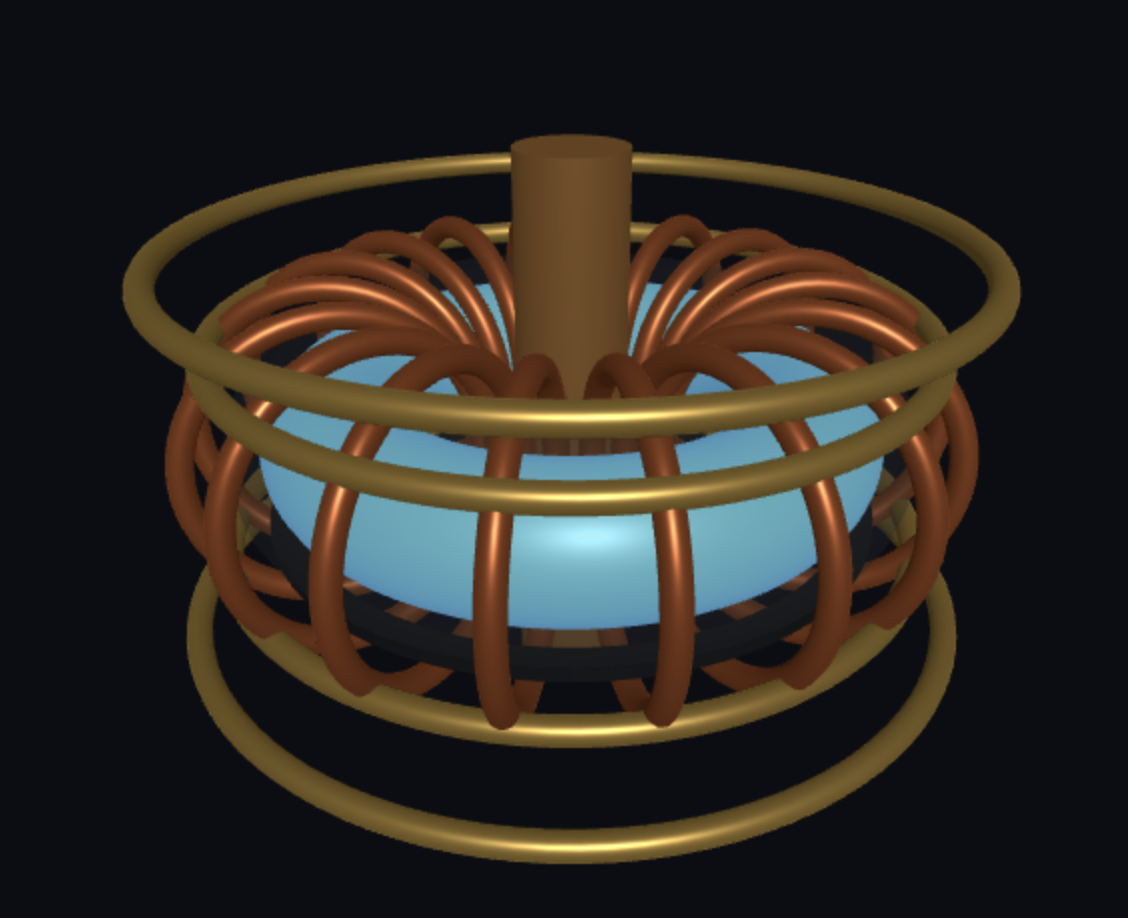 FusionTwin reactor after the fix — the divertor now renders as continuous annular target rings beneath the plasma