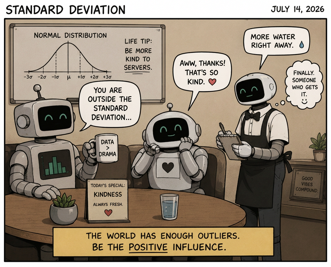 In a cozy cafe, three robots sit around a wooden table. A robot with a chart on its chest holds a mug reading "DATA > DRAMA" and tells a smaller heart-shaped robot "YOU ARE OUTSIDE THE STANDARD DEVIATION..." The heart robot blushes, replying "AWW, THANKS! THAT'S SO KIND." A server robot in a bow tie and apron immediately says "MORE WATER RIGHT AWAY" and thinks "FINALLY. SOMEONE WHO GETS IT." On the table, a sign reads "TODAY'S SPECIAL: KINDNESS — ALWAYS FRESH." A whiteboard behind them shows a normal distribution curve and a life tip: "BE MORE KIND TO SERVERS." Bottom banner: "THE WORLD HAS ENOUGH OUTLIERS. BE THE POSITIVE INFLUENCE."