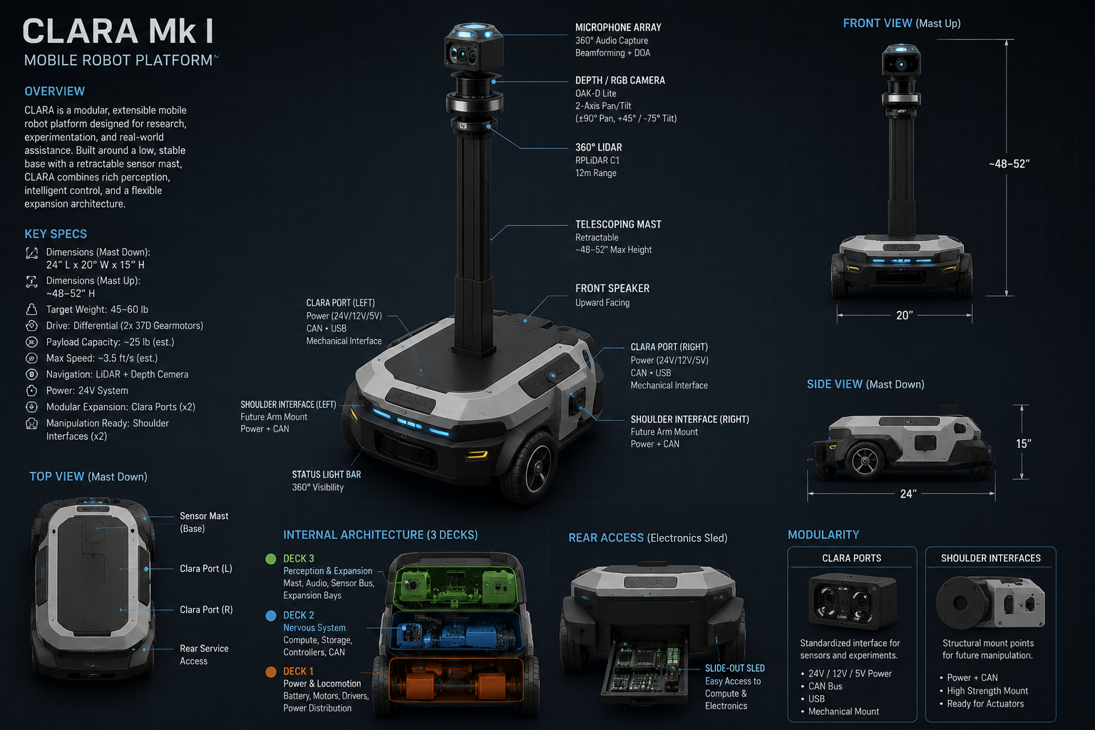 CLARA Mk I mobile robot platform — wheeled base with telescoping sensor mast and modular Clara Ports.